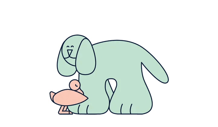 A smiling light green cartoon dog standing next to a pink duck.