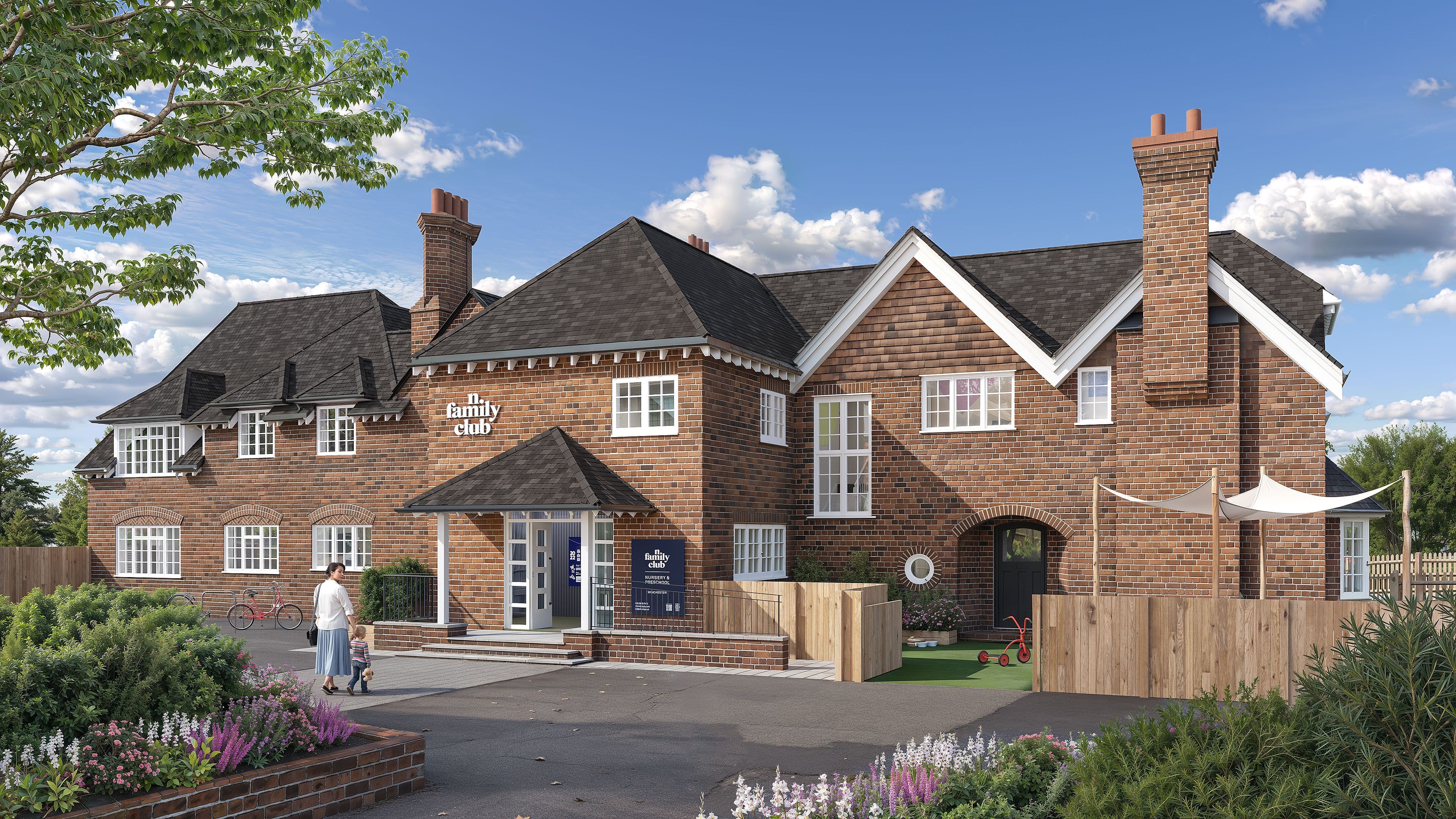 Architectural rendering of "The Family Club," a large brick building with a parent and child approaching the entrance, and a fenced outdoor play area.