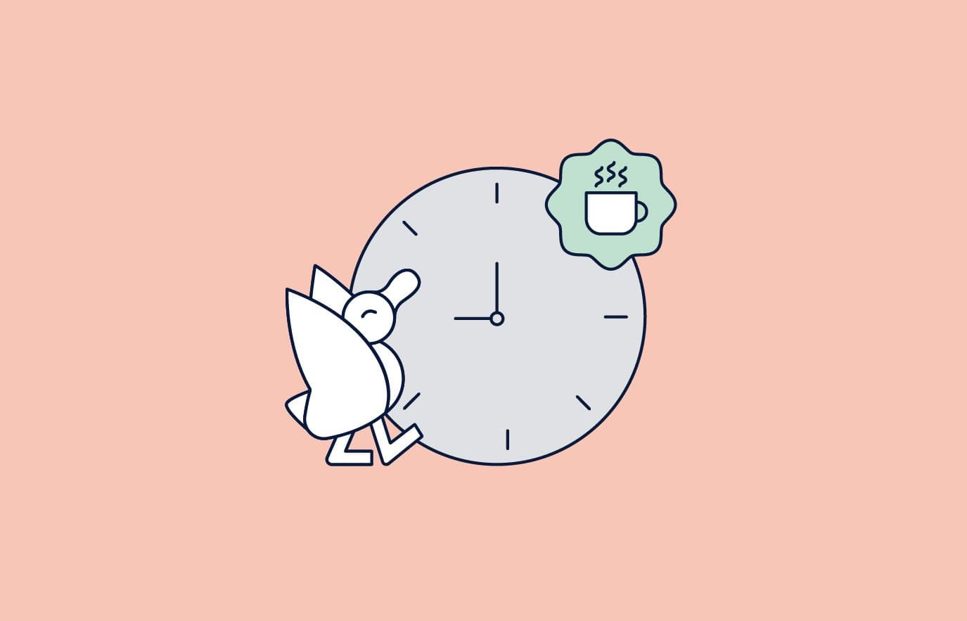 Stylized duck walking past a clock with a steaming coffee cup icon.