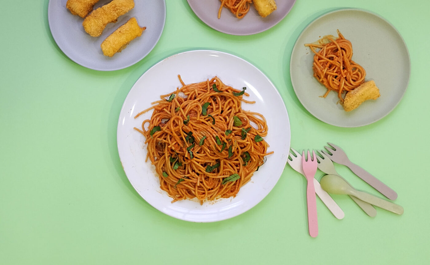 Tomato linguine with haddock goujons