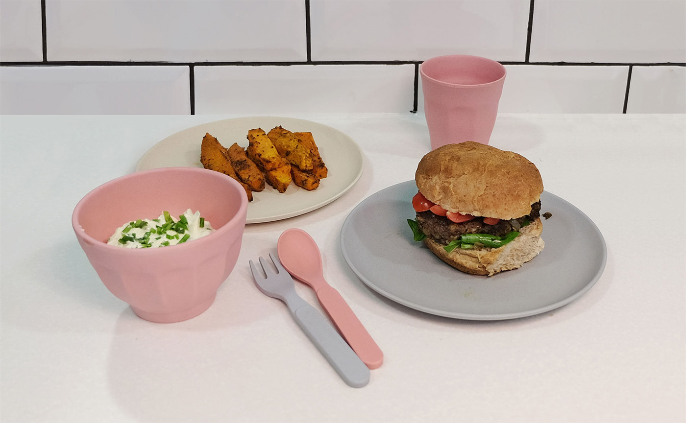 Lentil burger, sweet potato wedges & chive sour cream