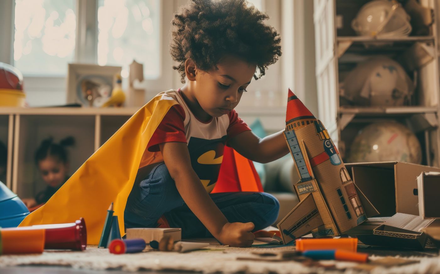 A little boy in a superhero costume junk modelling a rocketship