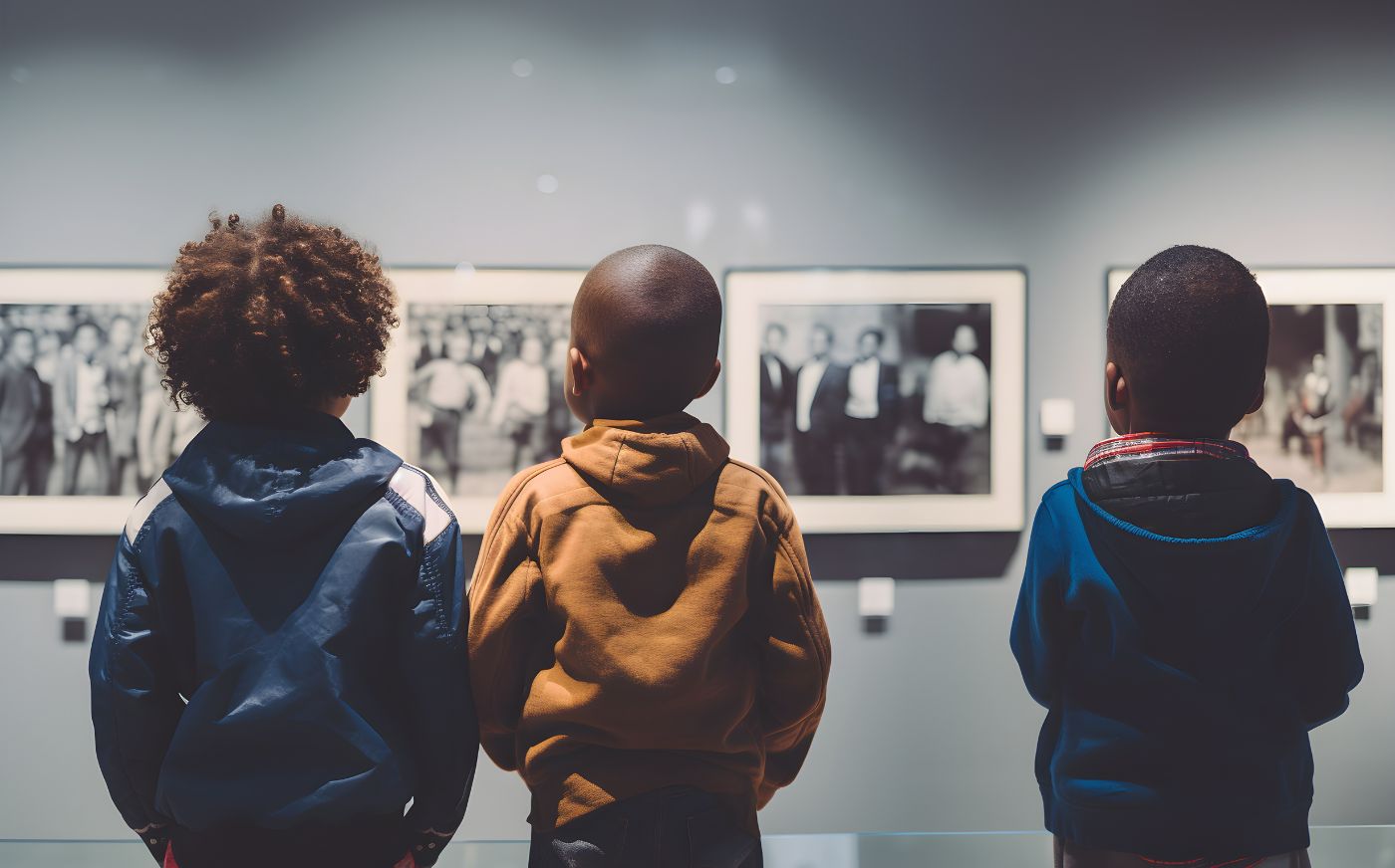 Three boys looking at Black history photographs in a community center