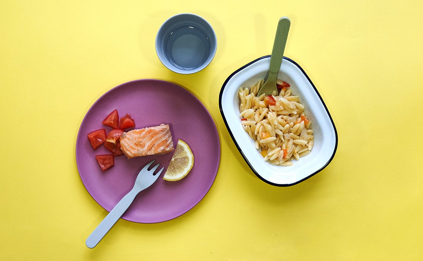 Tomato orzo with poached lemon and herb salmon