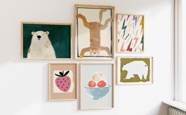 Framed children's art on a wall