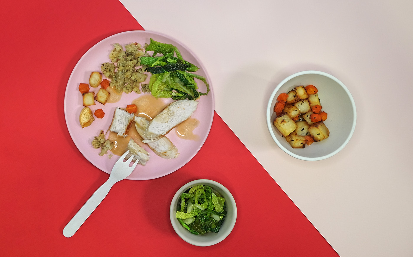 Roast turkey or tofu, roasted potato, carrot and parsnip medley with savoy cabbage and gravy