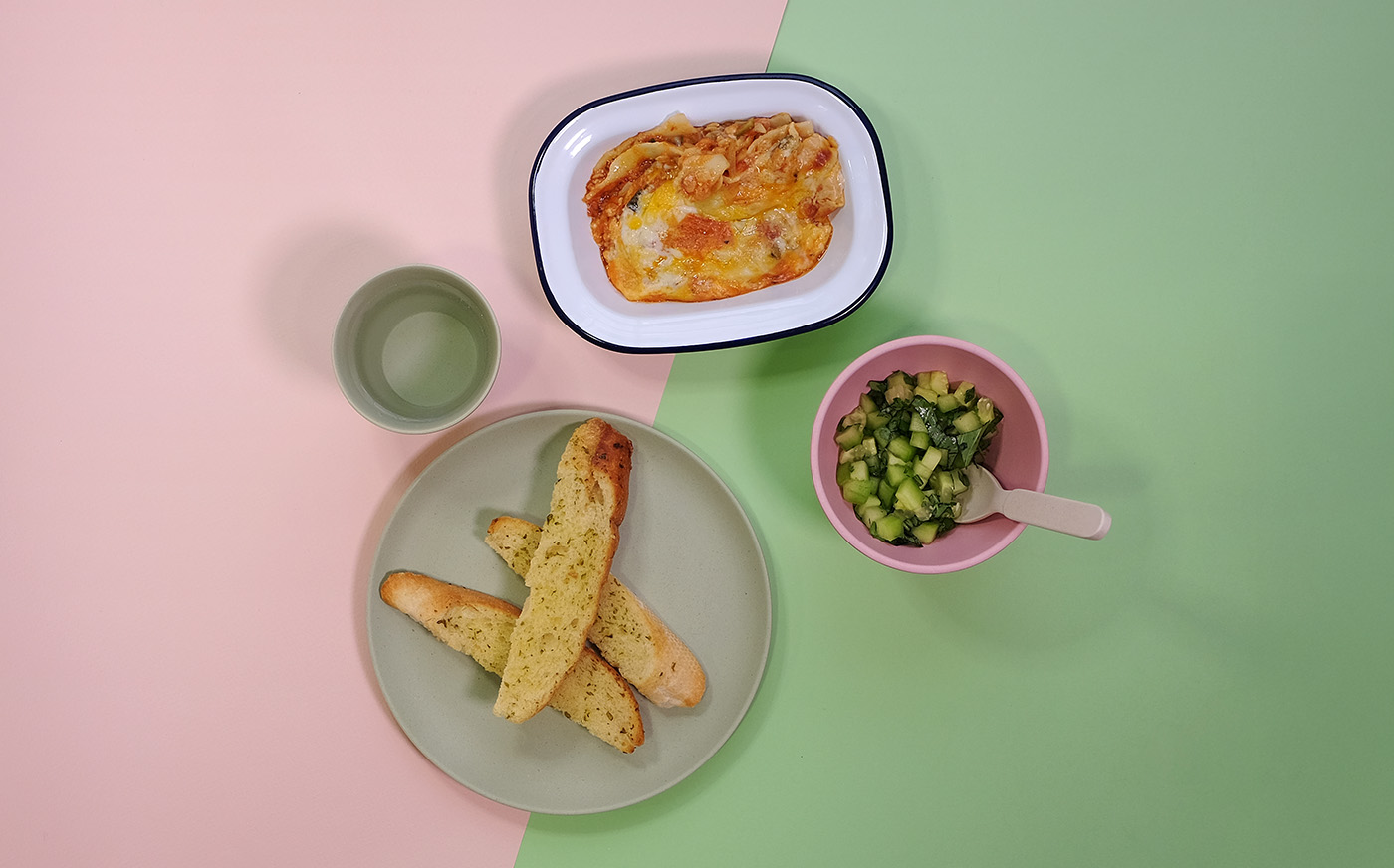 Lentil lasagne with cucumber and herb salsa and garlic and herb slice
